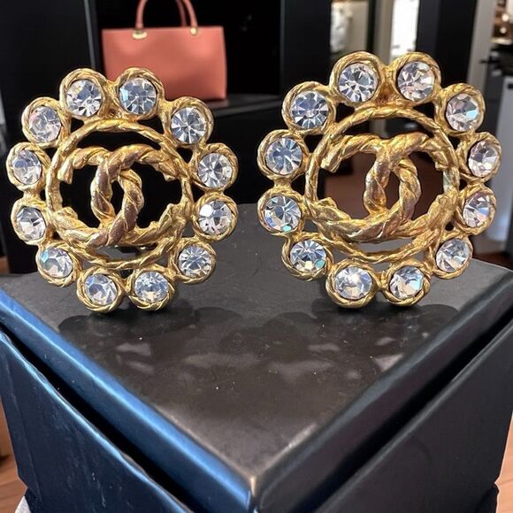 CHANEL Gold Plated and Crystal Clip Earrings